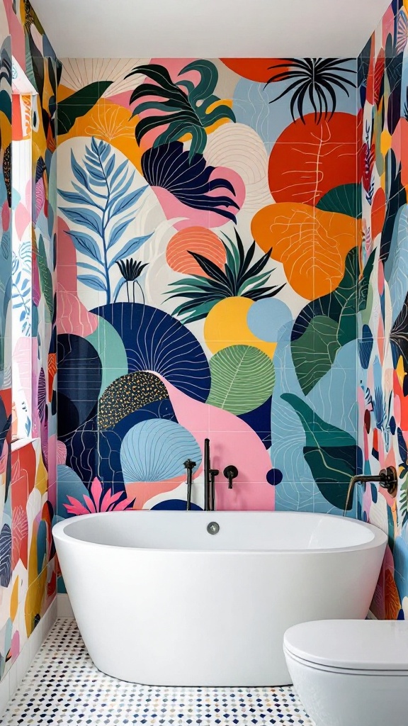 Colorful mural on bathroom walls with a freestanding bathtub.