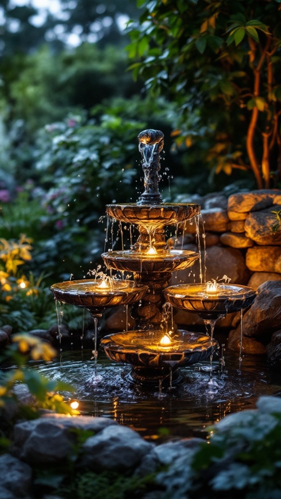 A decorative fountain with soft lighting in a lush garden.