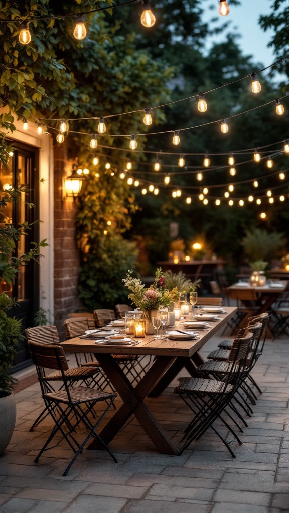 A beautifully set outdoor dining table with bistro lights overhead.