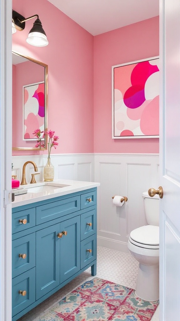 A stylish bathroom featuring pink walls, a blue vanity, and colorful decor.