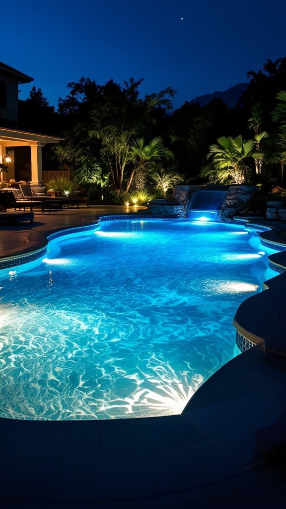 A beautifully lit pool at night with blue water and surrounding greenery.