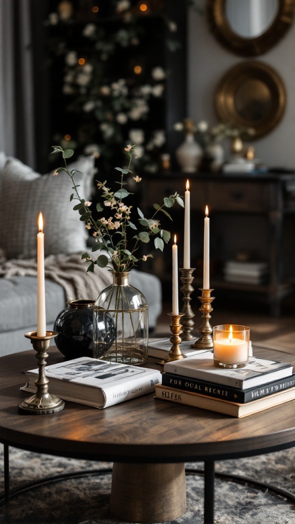 Stylish coffee table centerpiece featuring candles, flowers in a vase, and stacked books.