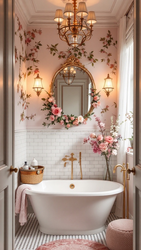 A beautifully decorated bathroom featuring floral wallpaper, elegant lighting, and a stylish bathtub.