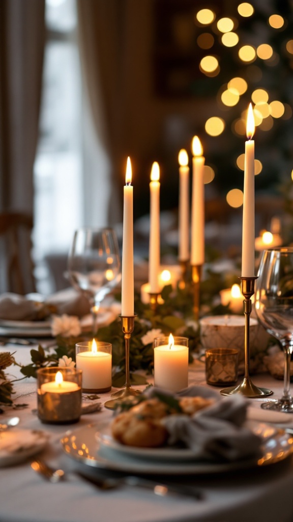 A beautifully arranged dining table with various candles and soft lighting, perfect for intimate gatherings.