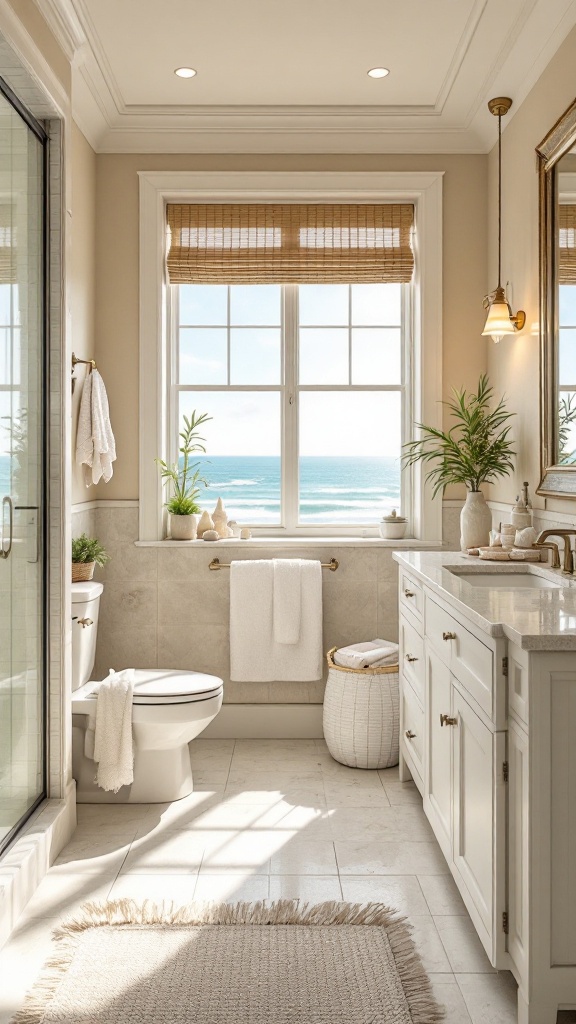 Bright bathroom with ocean view and natural decor