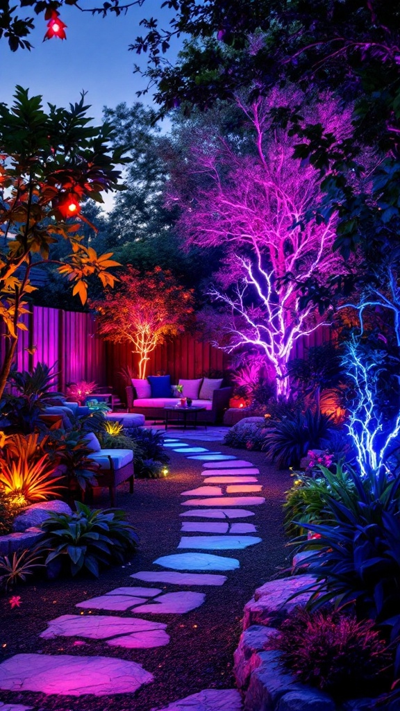 A garden pathway illuminated with color-changing LED lights, featuring vibrant colored trees and seating area.