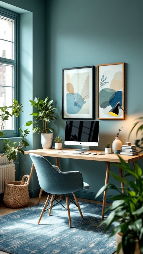 A cozy workspace with soft blue walls, plants, and a desk with a computer.