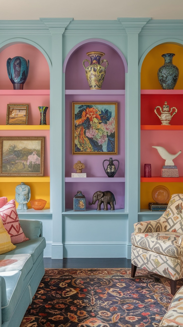 Colorful built-in shelving with various decorative items