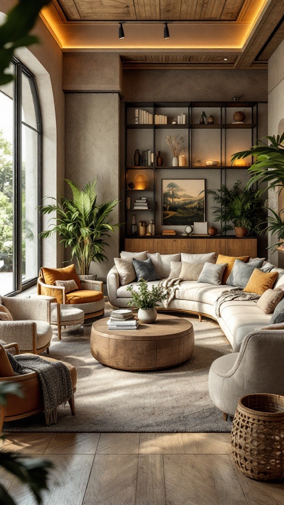 A cozy living room featuring a large sofa, armchairs, and a round coffee table, surrounded by plants.