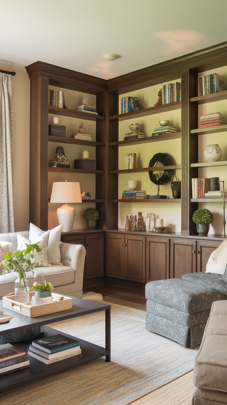 A cozy living room with elegant corner built-in shelving, featuring books and decorative items.