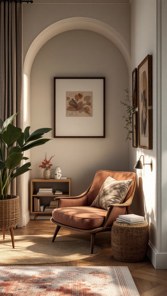 A cozy reading corner featuring a soft chair, a small bookshelf, and plants.