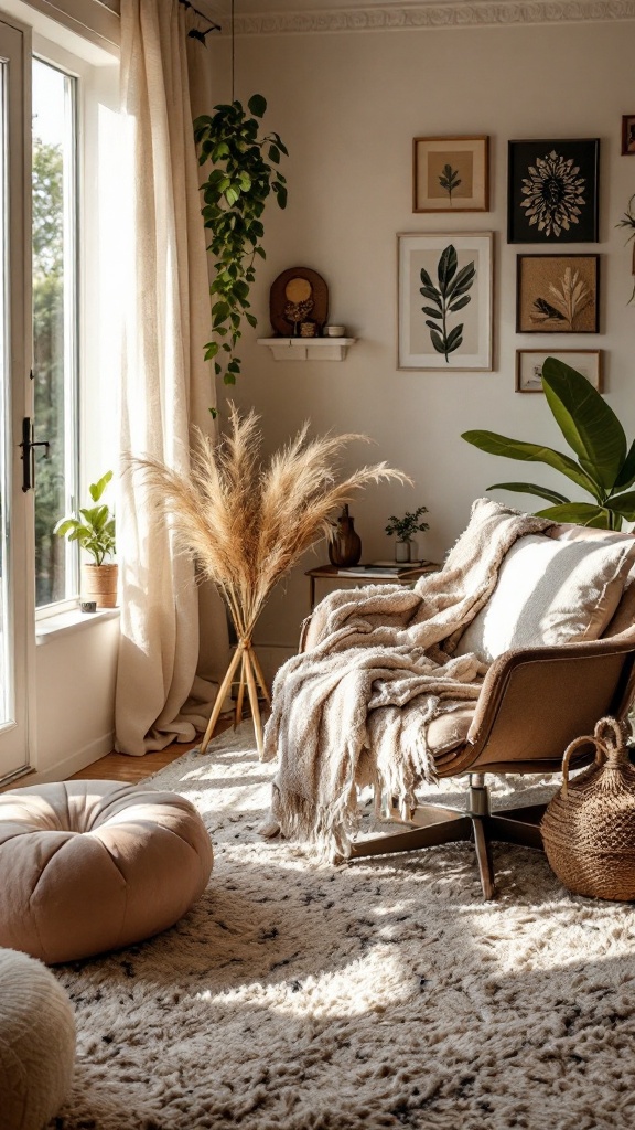 A cozy living room with soft textiles, plants, and warm lighting.