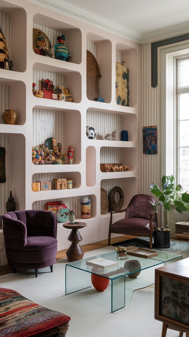 A stylish living room with built-in shelving displaying various decorative items.