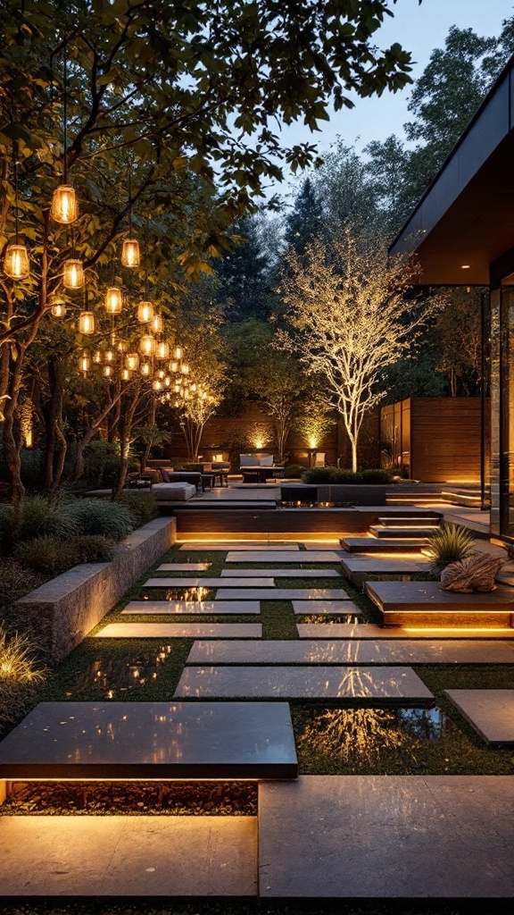 A beautifully lit outdoor space featuring mirrors and backlighting