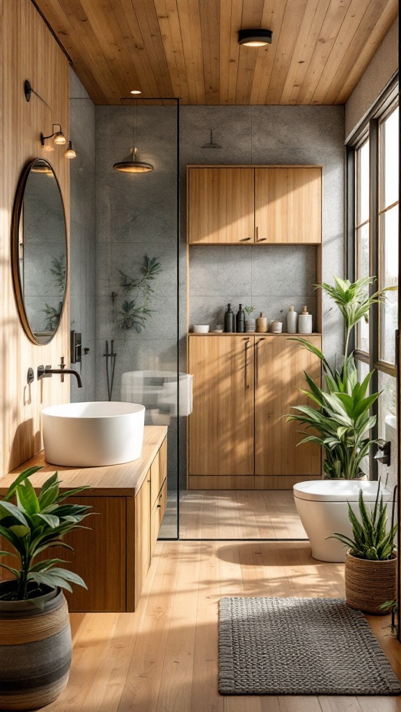 A modern eco-friendly bathroom with wooden features and plants.