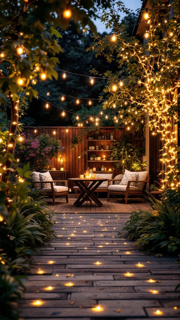 A cozy outdoor area illuminated by eco-friendly firefly lights, featuring a wooden deck, comfortable seating, and plants.