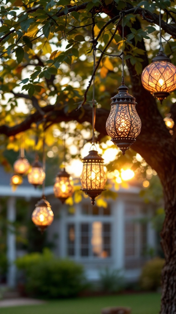 Hanging lanterns illuminated against a tree at sunset.