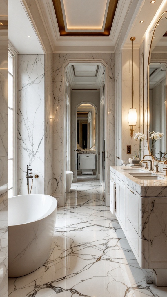 A beautifully designed bathroom with elegant marble finishes on the walls and floor.