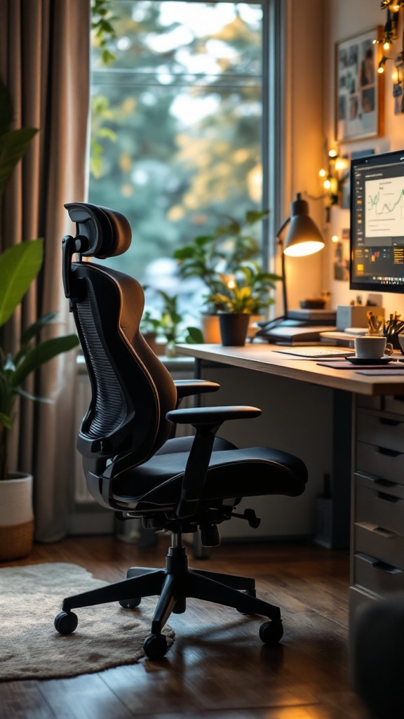 A modern ergonomic chair in a cozy home office setup with plants and warm lighting.