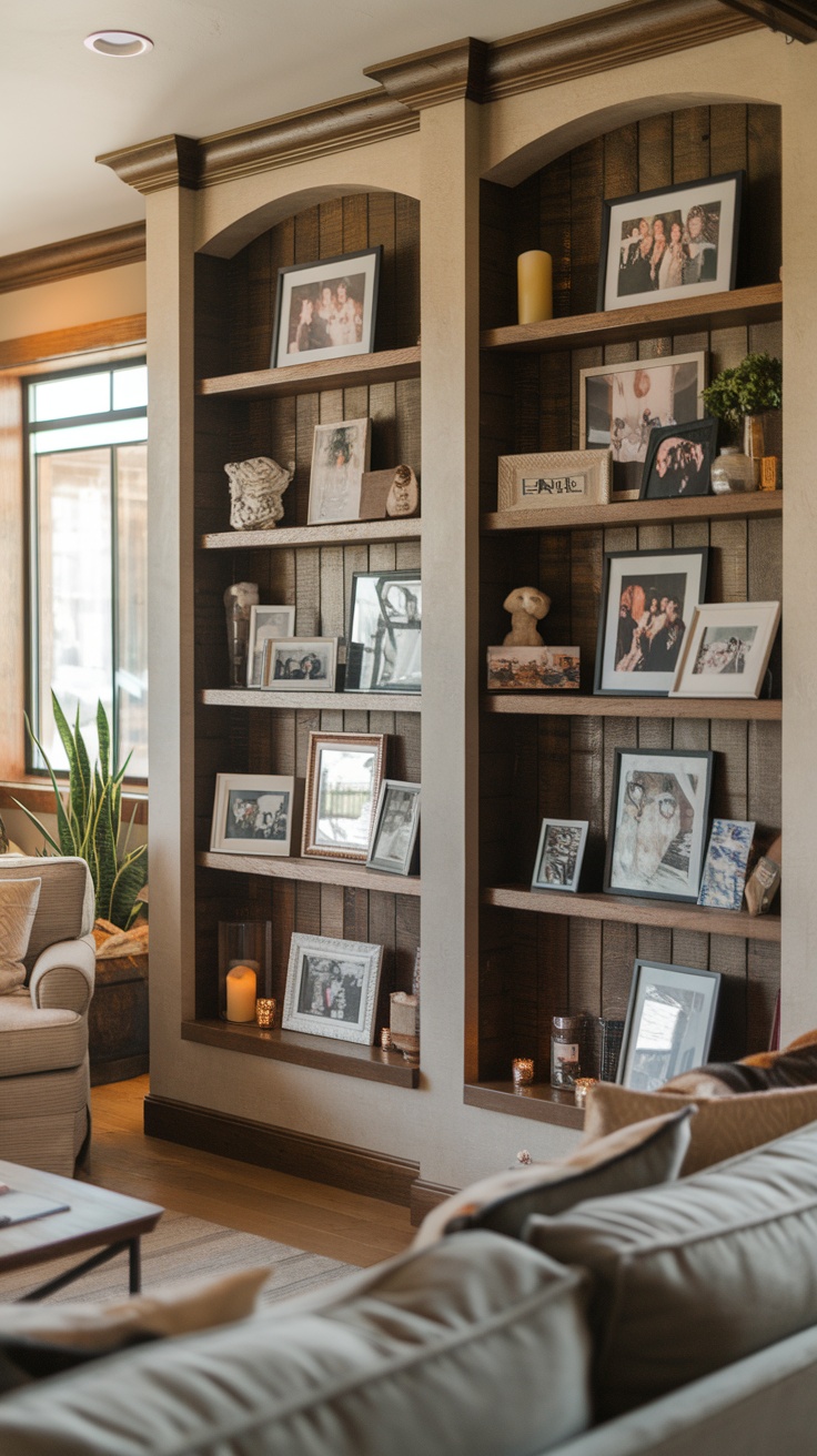 Living room with built-in shelving displaying family photos and decorative items.