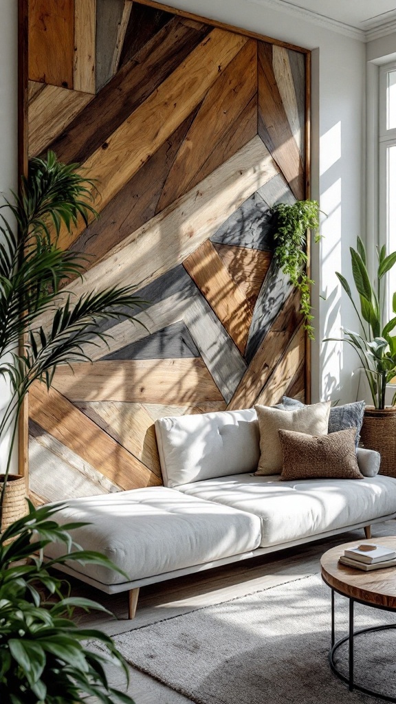 A cozy living room with a wooden feature wall and plants.