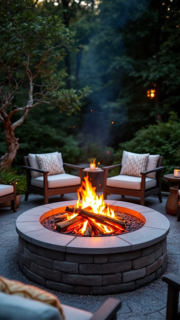 Cozy fire pit area with flickering flames and seating