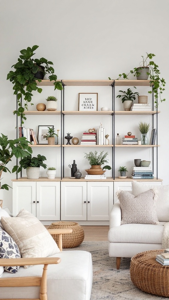 Stylish shelving unit with books and plants in a cozy living room setting.