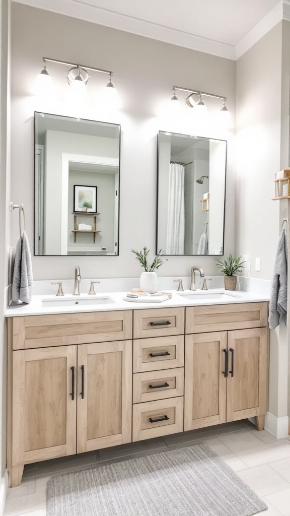 A modern family bathroom featuring a double vanity, mirrors, and plants.