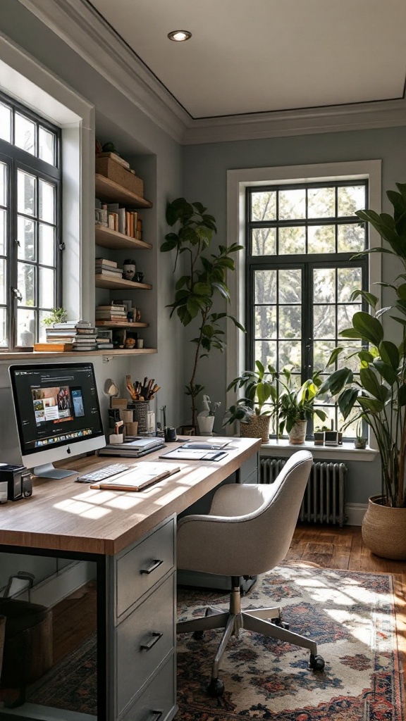 Modern home office with a desk, computer, and plants by the window.