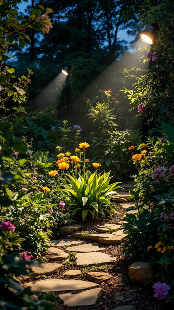 A garden pathway illuminated by spotlights, showcasing vibrant flowers and lush greenery.