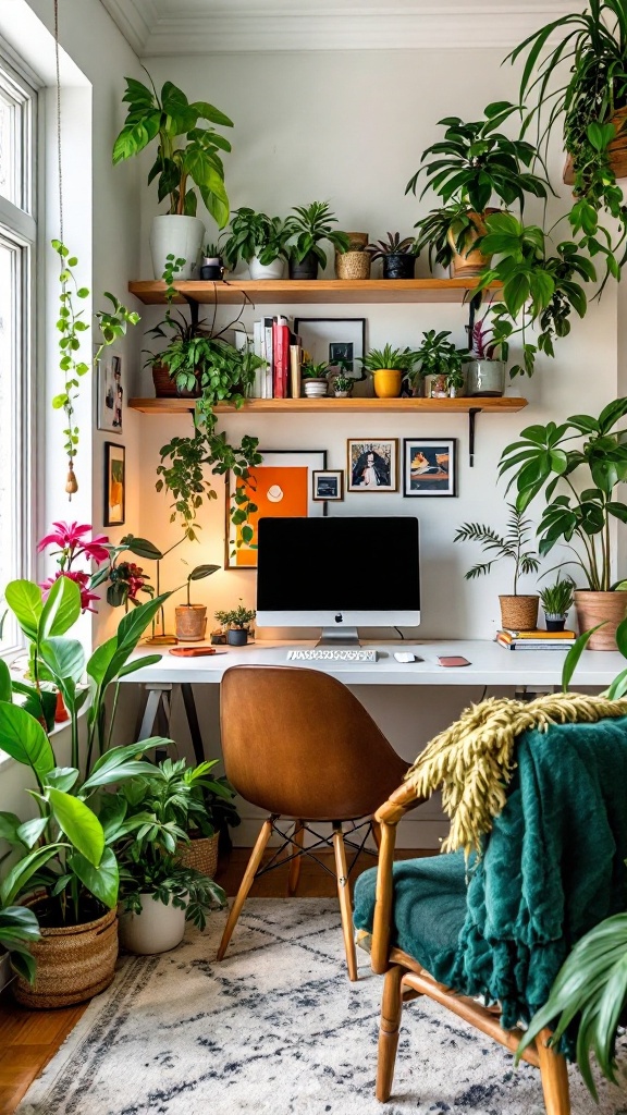 A cozy workspace filled with various indoor plants, a desk with a computer, and comfortable seating.