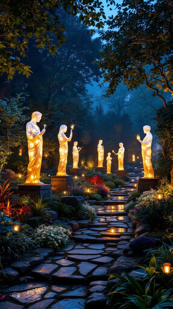 Illuminated statues in a garden surrounded by flowers and path lights at dusk.