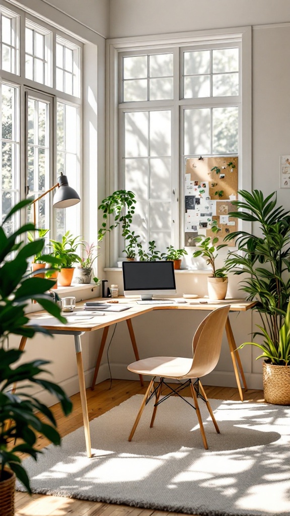 A bright and airy home office with large windows, plants, and a modern desk.