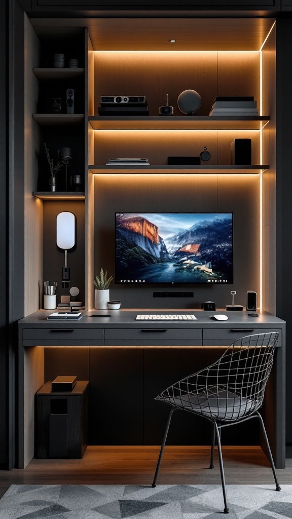 Modern desk setup with a computer monitor, stylish chair, and warm lighting.