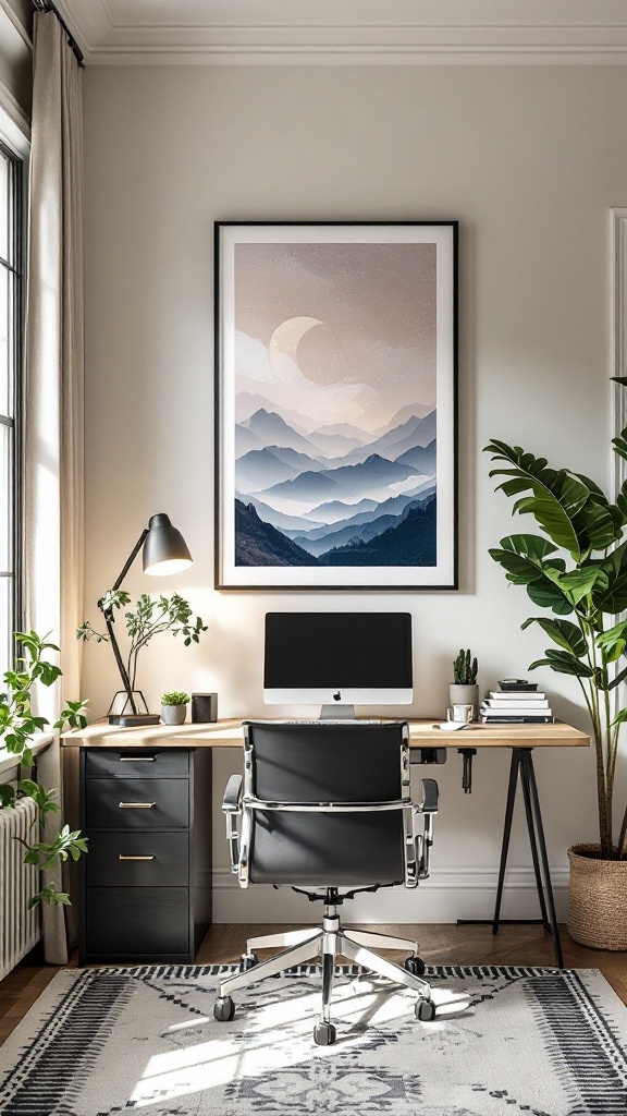 A stylish workspace featuring various framed wall art with inspirational quotes, a desk with a computer, and indoor plants.