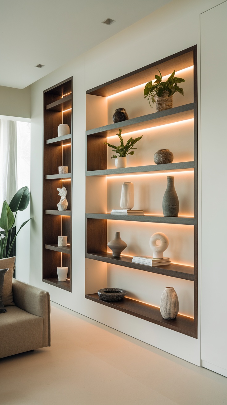 Living room with built-in shelving featuring integrated lighting