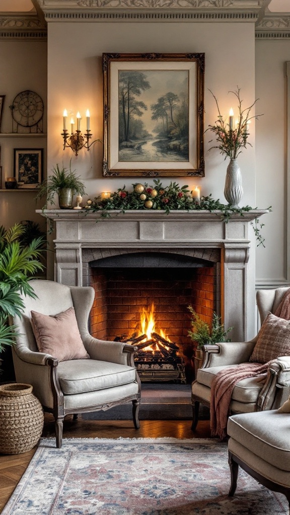 Cozy fireplace nook with comfortable chairs and warm decor