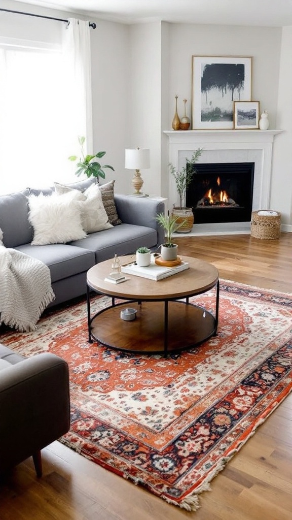 Cozy living room with layered rugs and decorative elements.