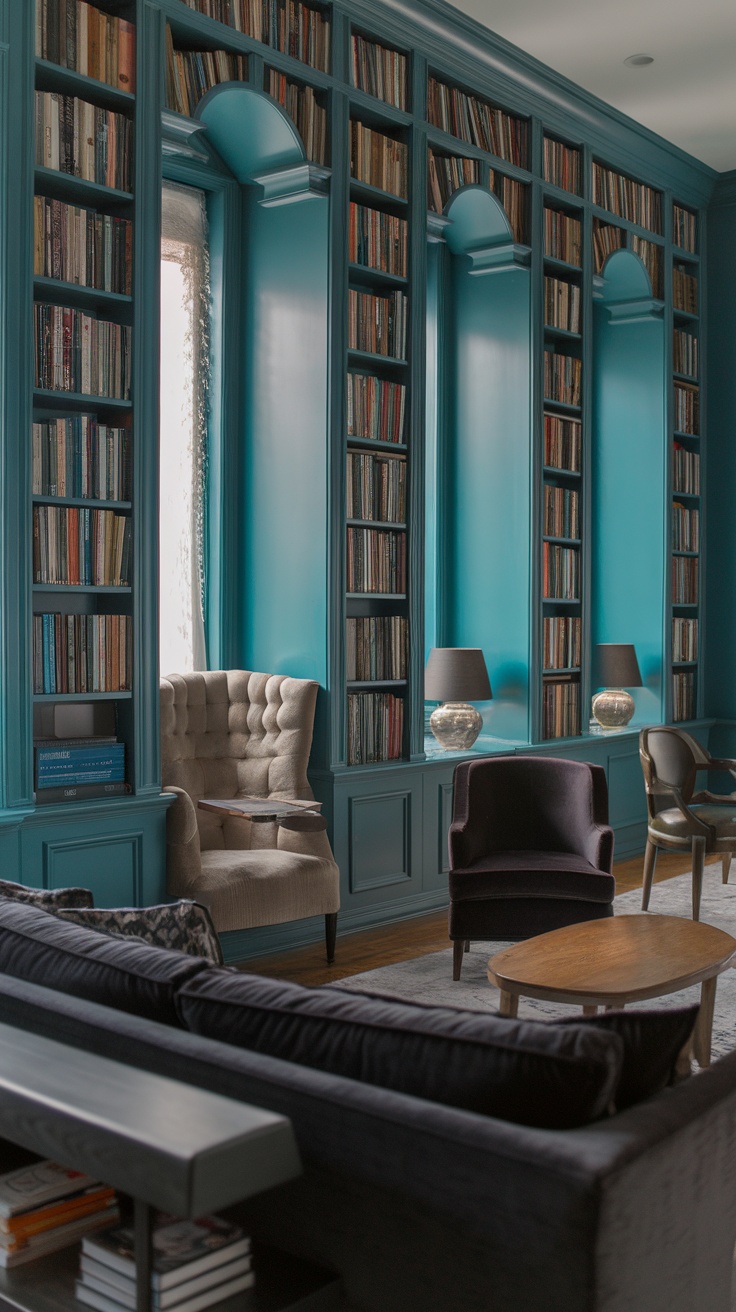 A cozy living room with teal built-in shelves filled with books, a comfortable chair, and stylish decor.