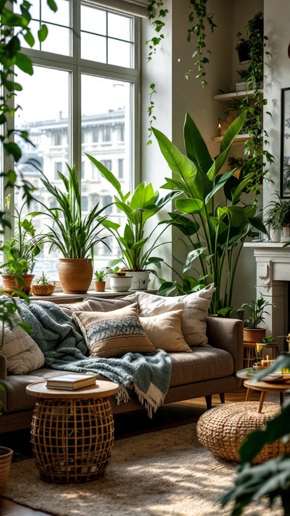 A cozy living room filled with various plants, showcasing a comfortable sofa, cushions, and a warm atmosphere.