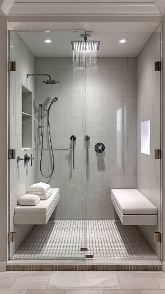 Luxurious spa-like shower with rain shower head and plush towels.