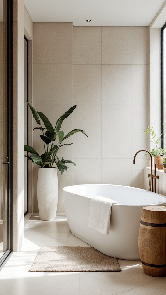 A minimalist spa retreat featuring a white bathtub, natural elements, and calming decor.