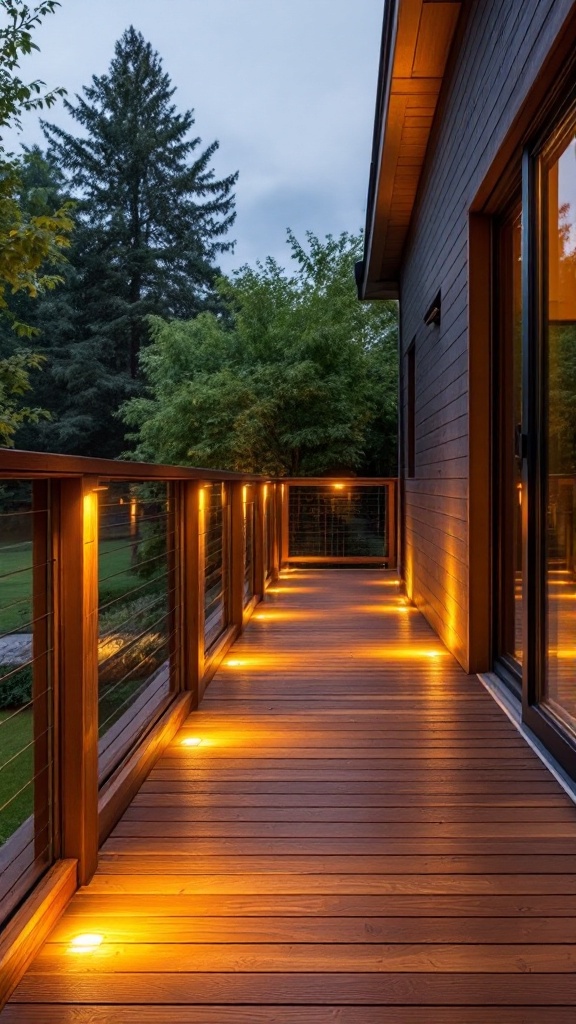 A well-lit wooden deck with LED lighting along the railing and floor