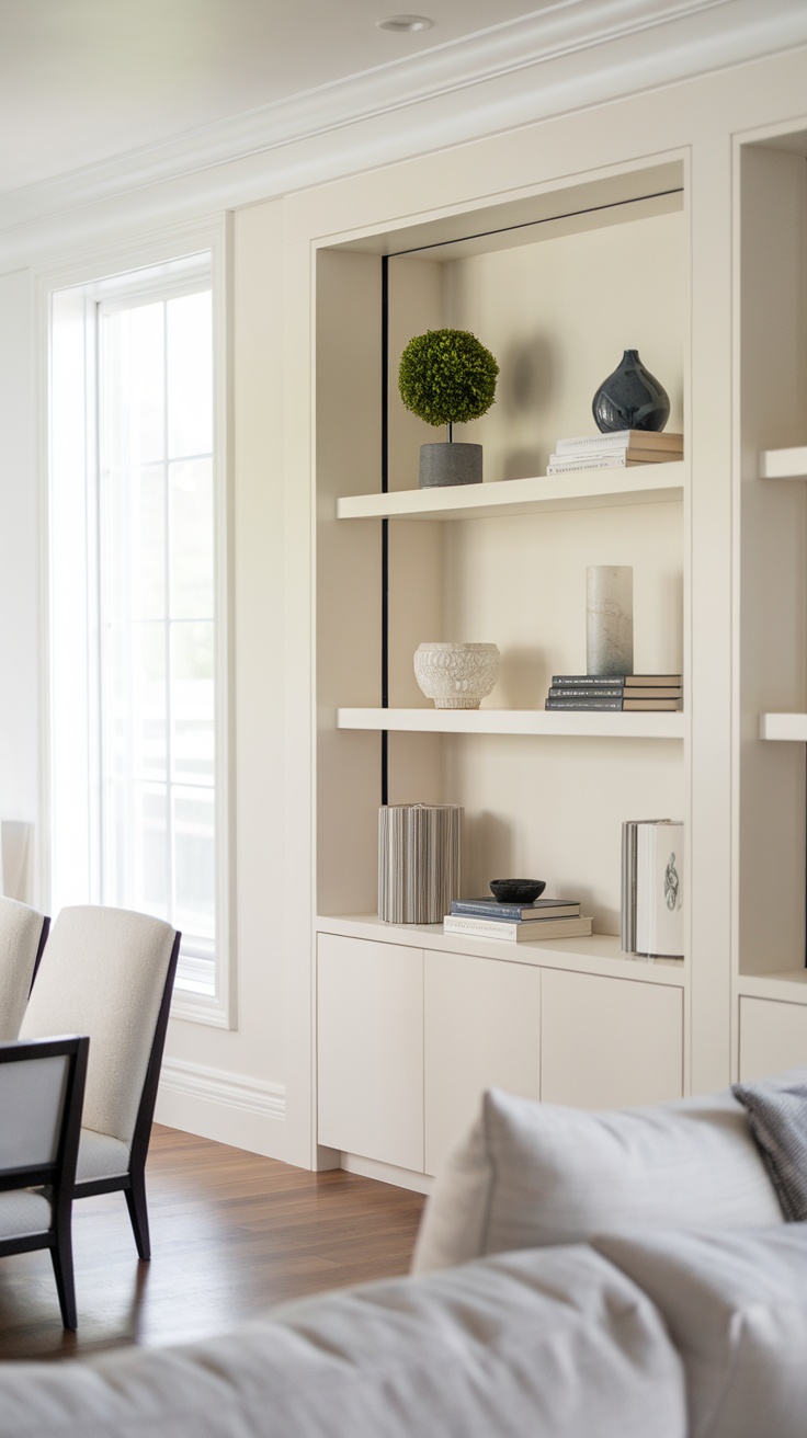 A modern living room featuring built-in minimalist shelving with decorative items.