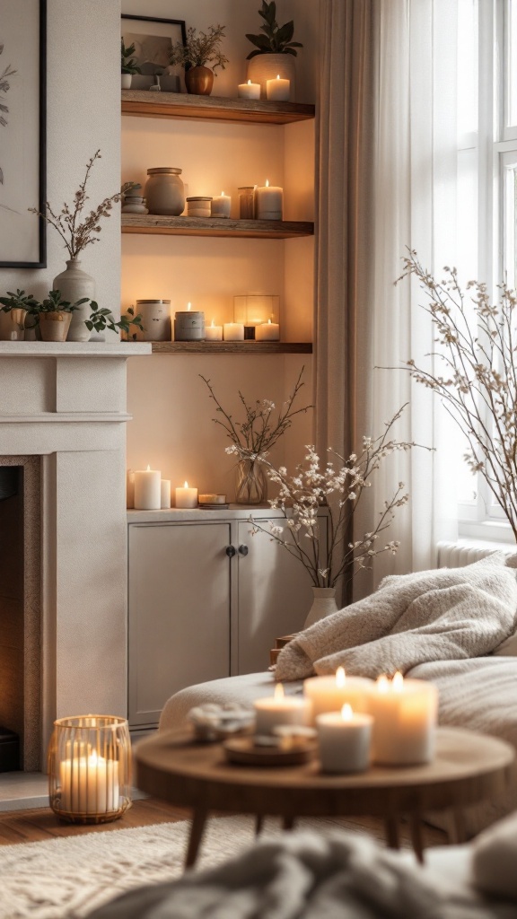 A cozy living room with various candles and soft decor.