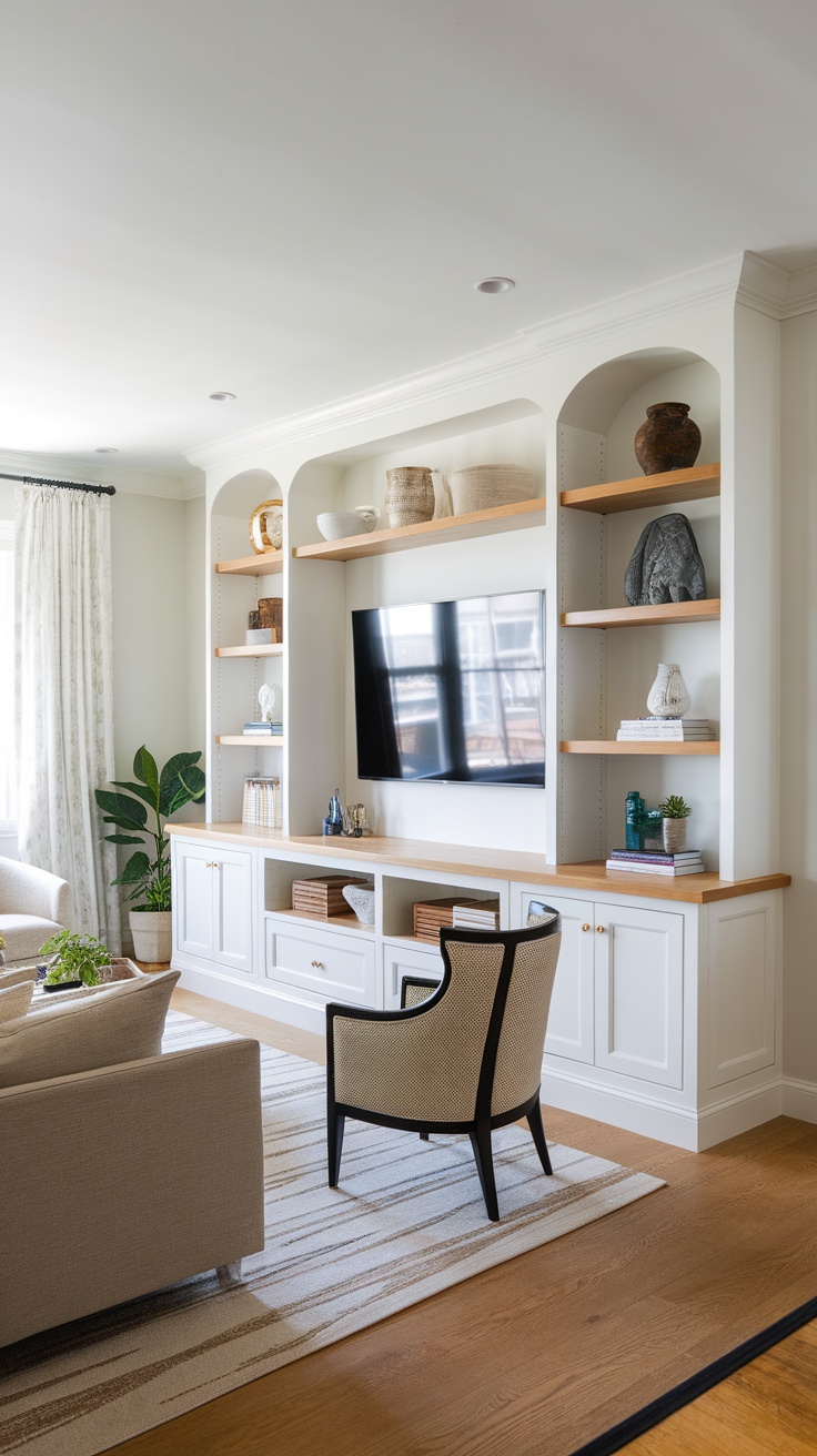 A stylish living room featuring a multi-functional entertainment center with built-in shelving, a TV, and a cozy seating area.