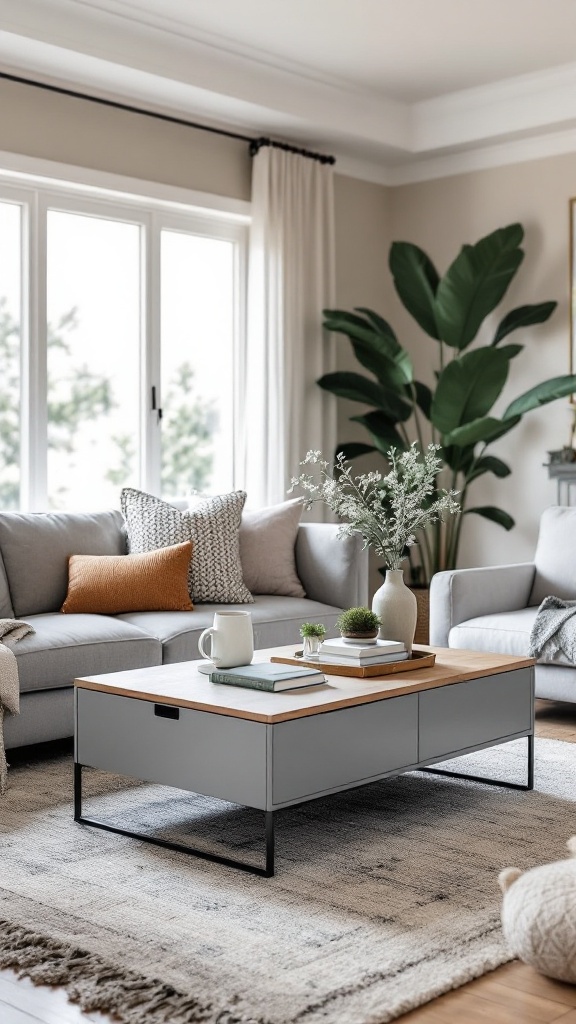 A cozy living room with a stylish coffee table and comfortable seating