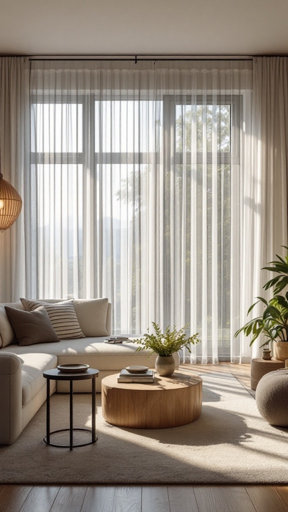 A cozy living room with sheer curtains allowing natural light to fill the space.