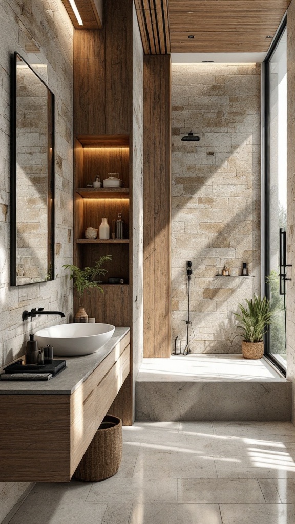 Stylish bathroom with natural stone walls, wooden accents, and plants.