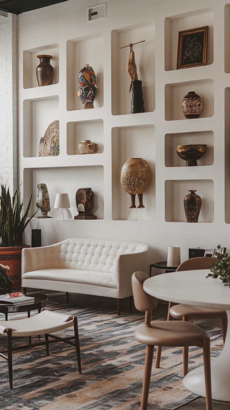 Living room with built-in niche shelving displaying various art pieces and decorative items.